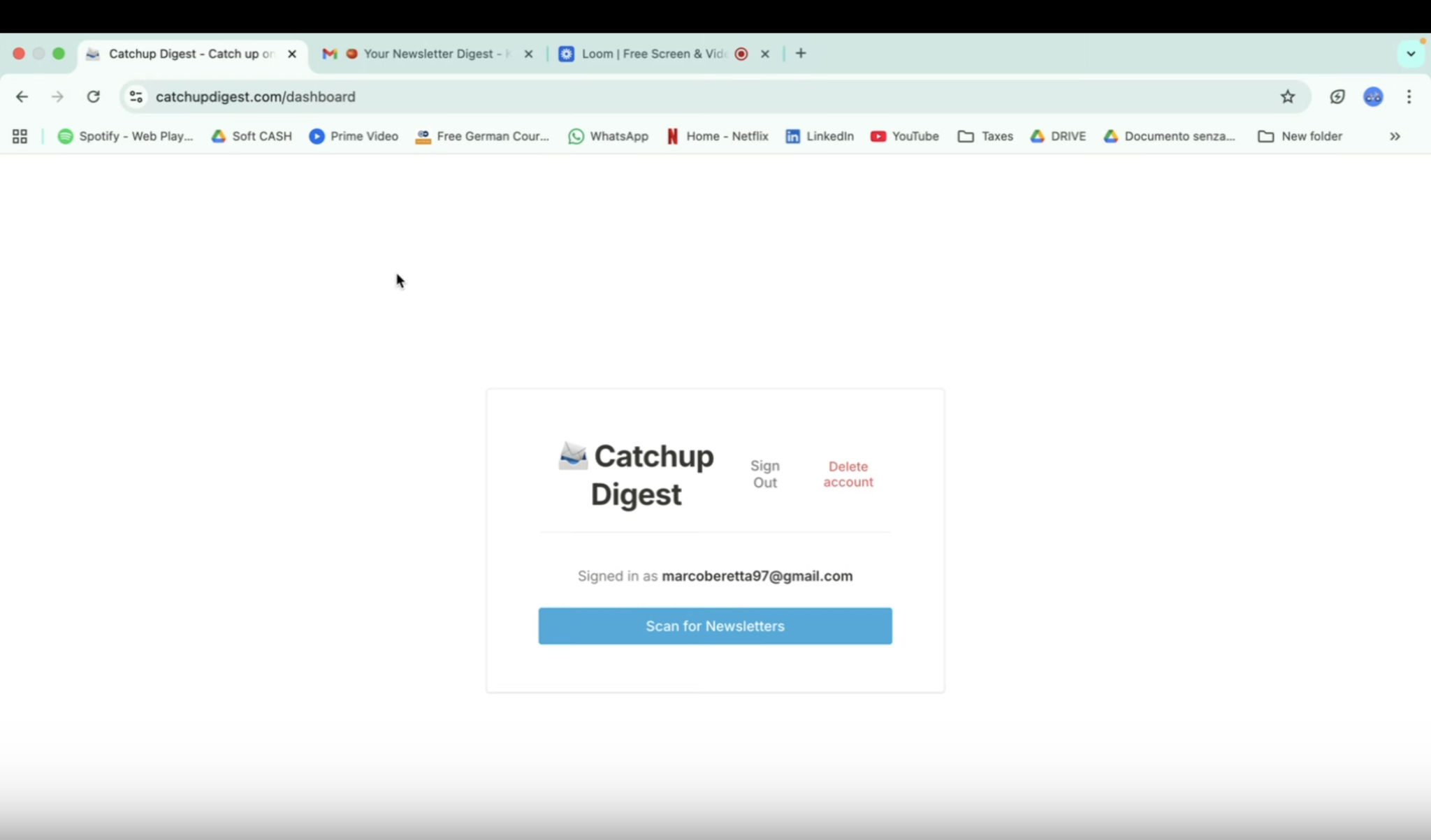 Catchup Digest dashboard after sign-in, showing the connected Gmail account and a Scan for Newsletters button.